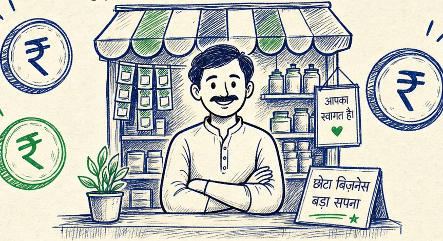 A shopkeeper at a small shop, with rupee coins